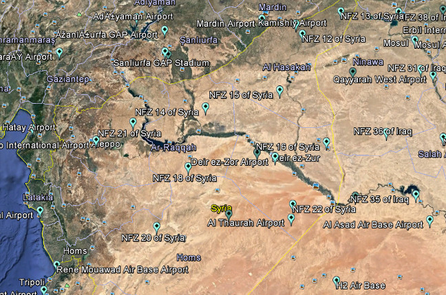DJI's drone geofences across Iraq and Syria. Screenshot from Google Earth map
