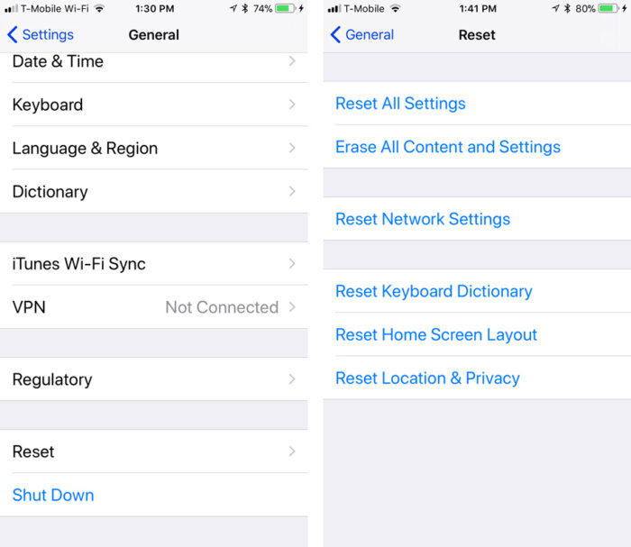 ios11 reset network