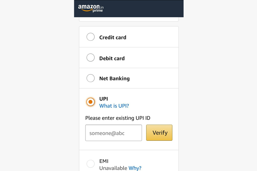 Amazon India UPI Payment Option
