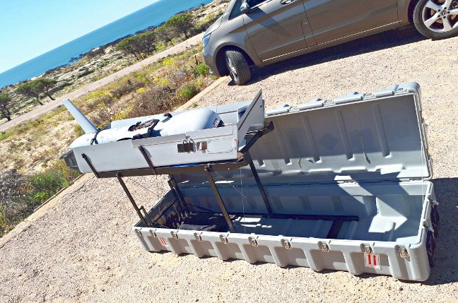 An Insitu Scaneagle 2 pictured in its transit case at Mazagon, Spain